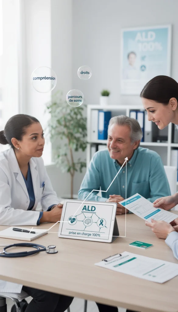Une médecin discute avec son patient et une jeune femme sur la prise en charge à 100% des ALD